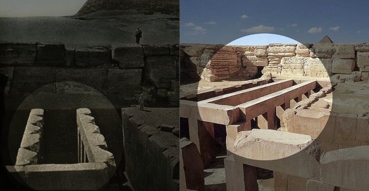 The valley temple before and after shots, clearly showing the damage of Egyptology.